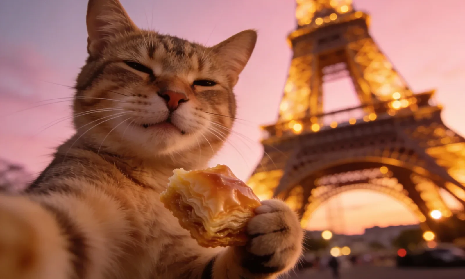 Eine Katze macht bei Sonnenuntergang vor dem Eiffelturm ein Selfie mit einem Gebäckstück